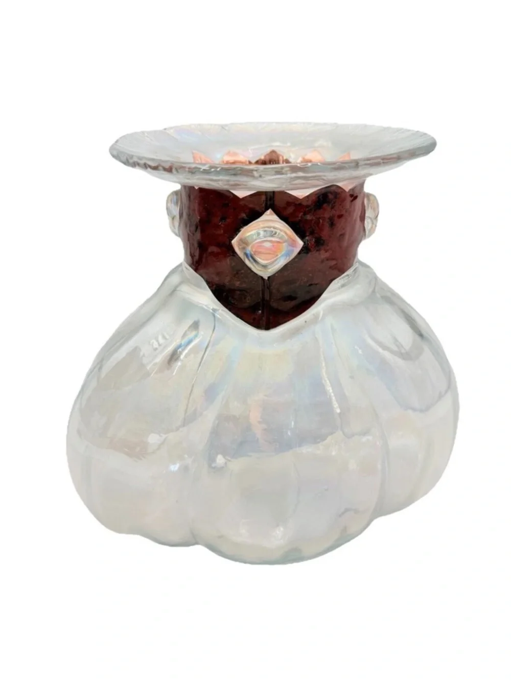Silvestri Mouth Blown Iridescent Glass Vase with Copper Tone Collar 11.5